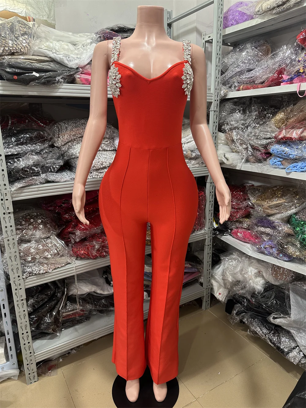 

New Fashionable And Sexy Strappy Rhinestone Decoration, Red And Black One-Piece Long Pants For Women, Sexy Cross-Border Bandage