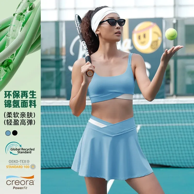 Tennis Skirt Set Woman 2 Piece Outfit Black Blue Badminton Golf Wear Skirt with Shorts Underneath Yoga Sport Active Wear Summer