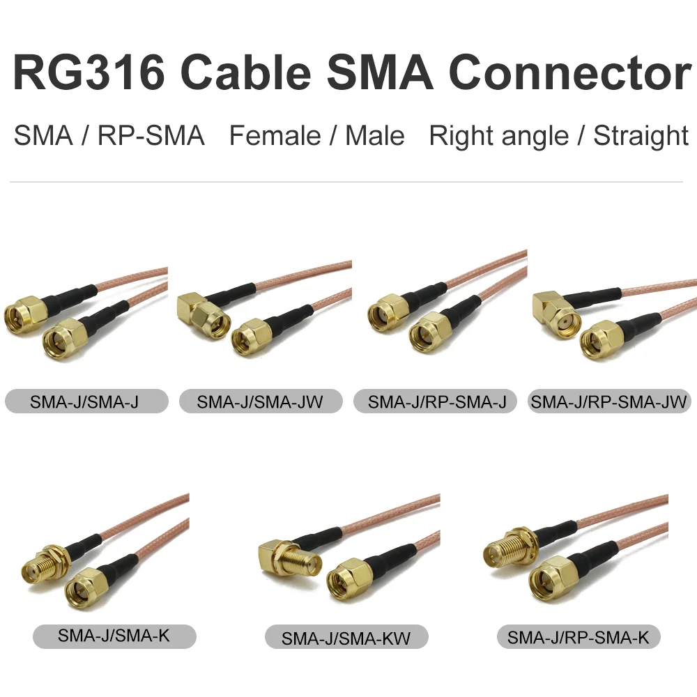 Conector macho y hembra RG316 SMA a SMA/RP SMA, Conector de ángulo recto y recto, puente Coaxial RF, terminales de Cable Pigtail