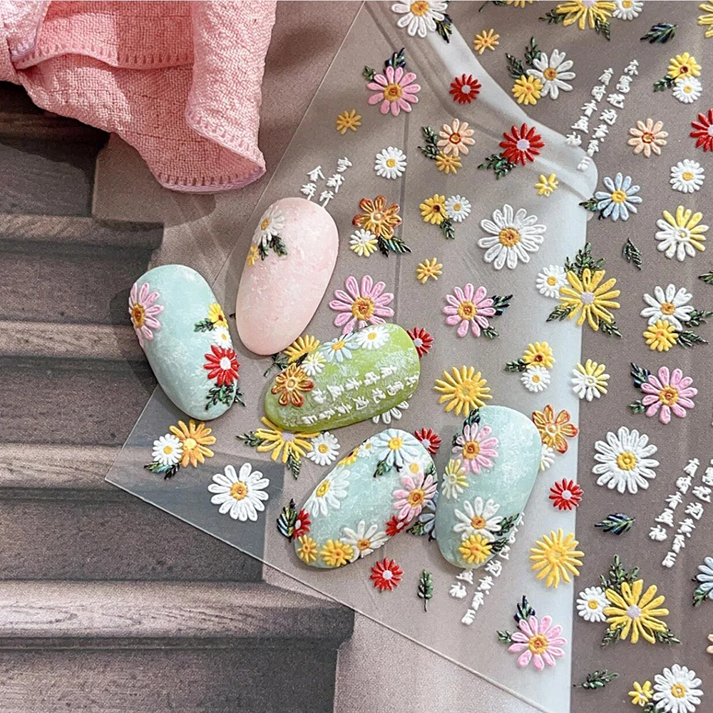 Adesivi per Unghie 5D con Margherite Bianche/Rosa in Rilievo, Decalcomanie Autoadesive Eleganti con Fiori di Margherita