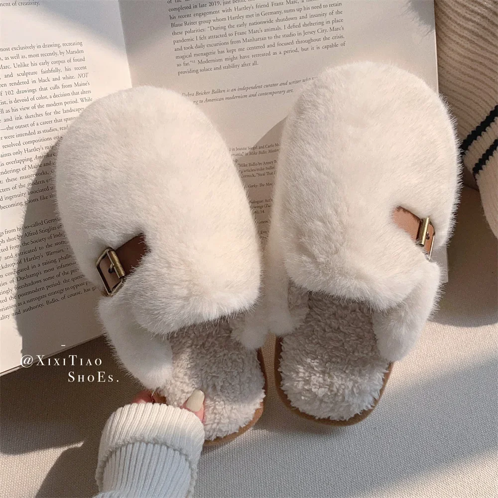 Stylish Simple Casual Flat-bottomed Bag Head Fluffy Shoes Version Indoor Home Fleece Thermal Cotton Slippers Women