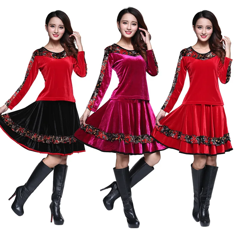 2018 neues Herbst/Winter Square Dance goldenes Samt Tanz kleid Set für mittlere und ältere Menschen üben Performance Kleid Langarm