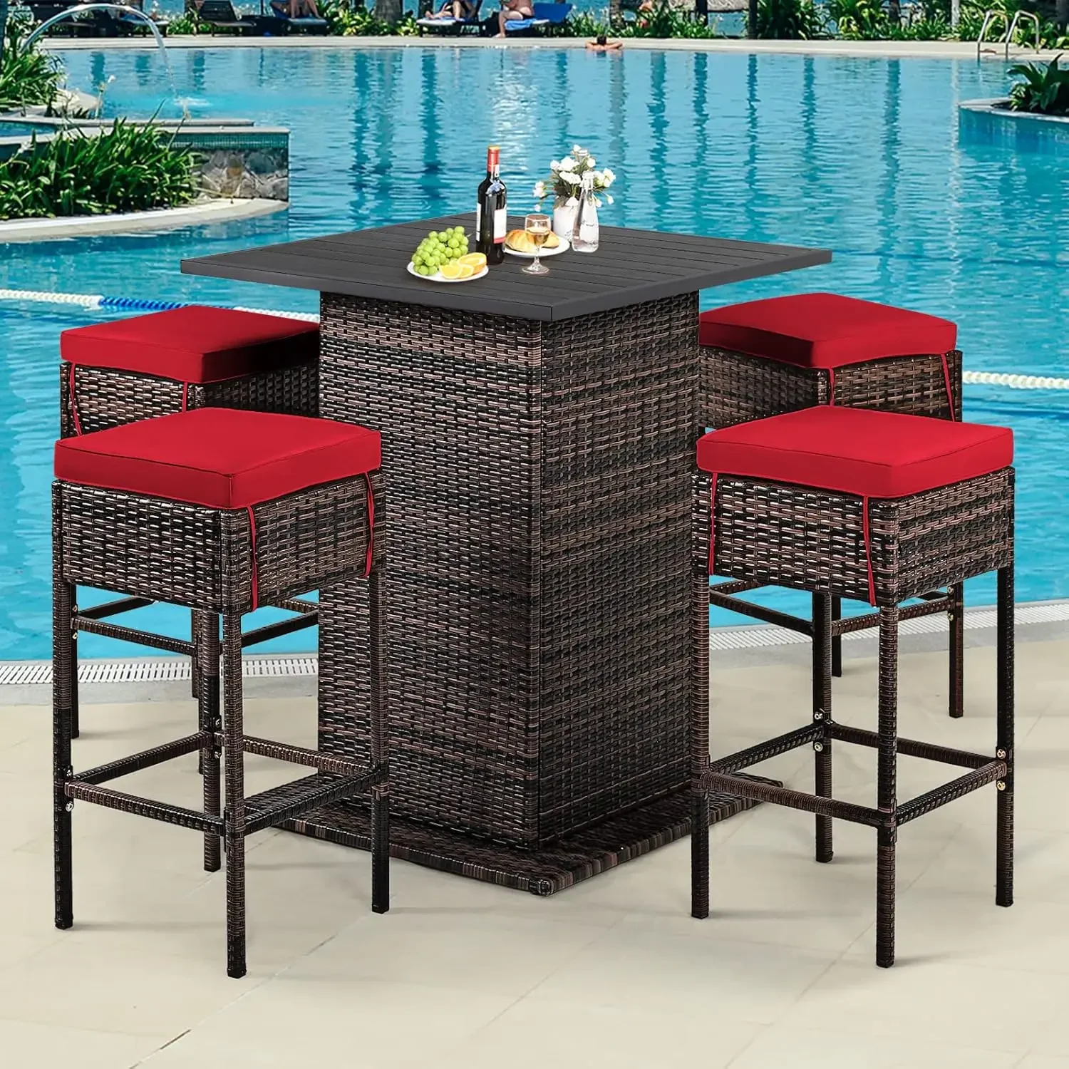 5 Piece Outdoor Rattan Bar Set, Patio Bar Furniture with 4 Cushions Stools and Smooth Top Table with Hidden Storage Shelf