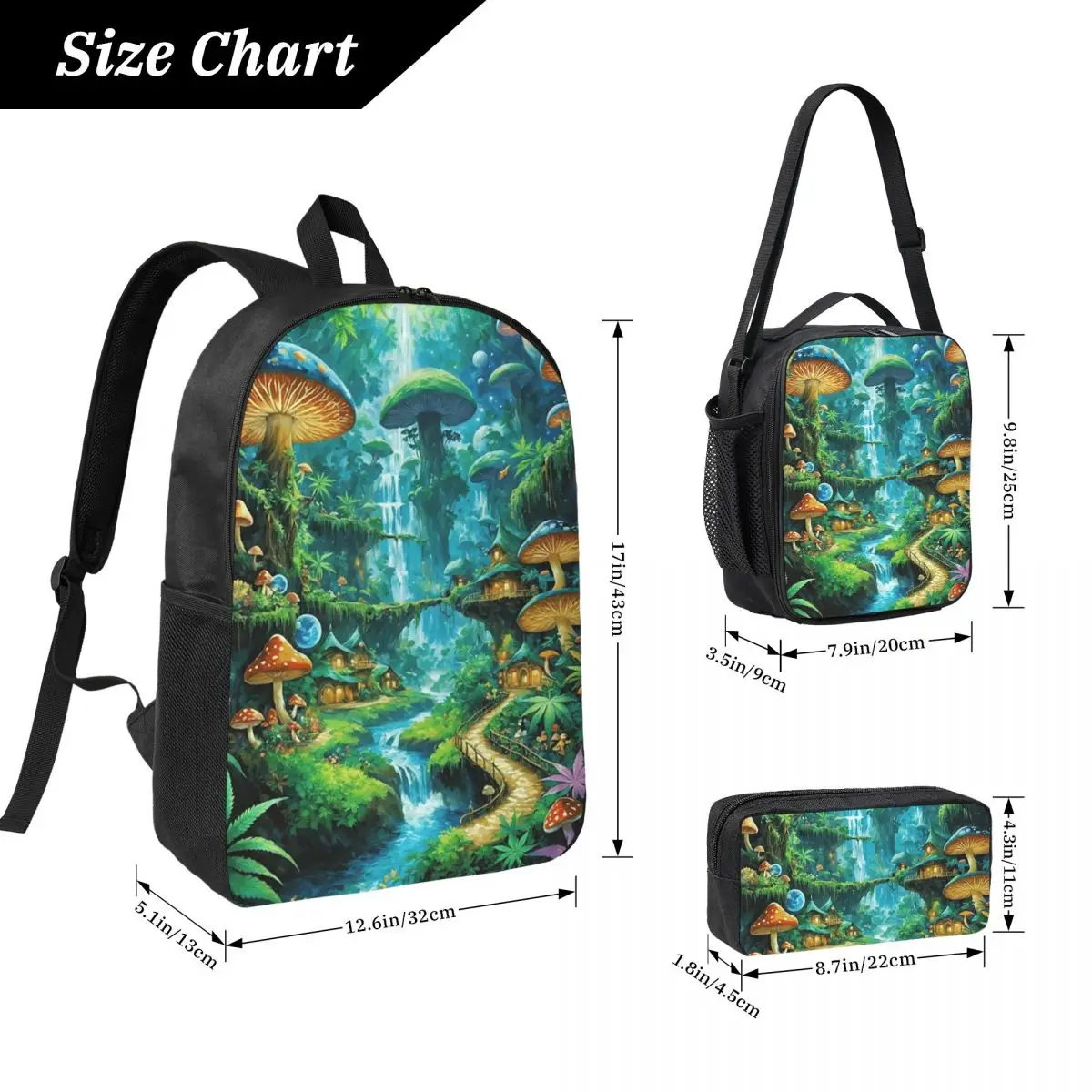 Mushrooms Forest Art Backpack Boys Girls BookBag School Bag Laptop Shoulder Bags 3ps Insulated Lunch Bag Pencil Case