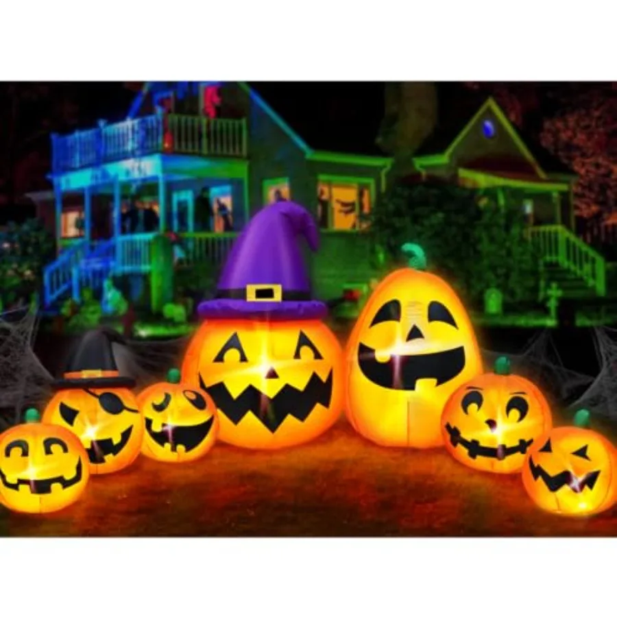 Outdoor Halloween inflatable pumpkin decor, 12 ft tall, orange PVC material, built-in LED lights for night visibility and energ