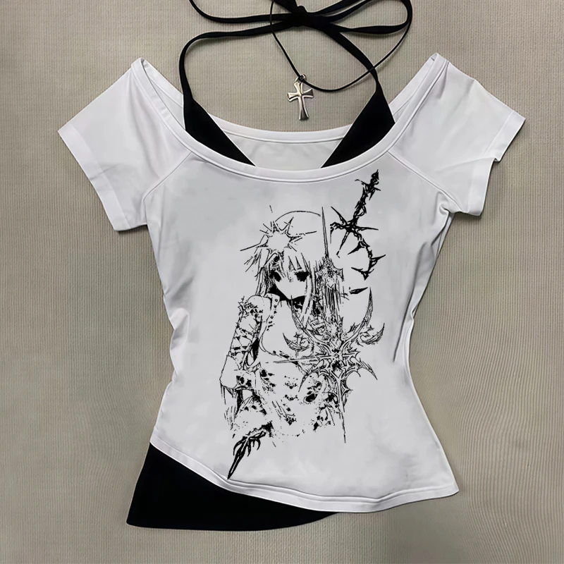 

Summer 2025 new Y2k slim fit printed top for women, off shoulder short sleeved T-shirt, retro long sleeved strap tied T-shirt