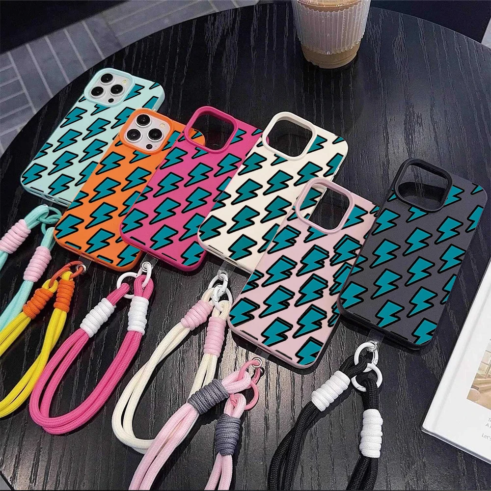 Coole blaue Cartoon-Blitz-Bonbonfarben-Hülle mit Litschi-Muster für iPhone 17 Air 16 15 14 13 12 11 Pro Max Plus mit Lanyard-Abdeckung – Detail 1