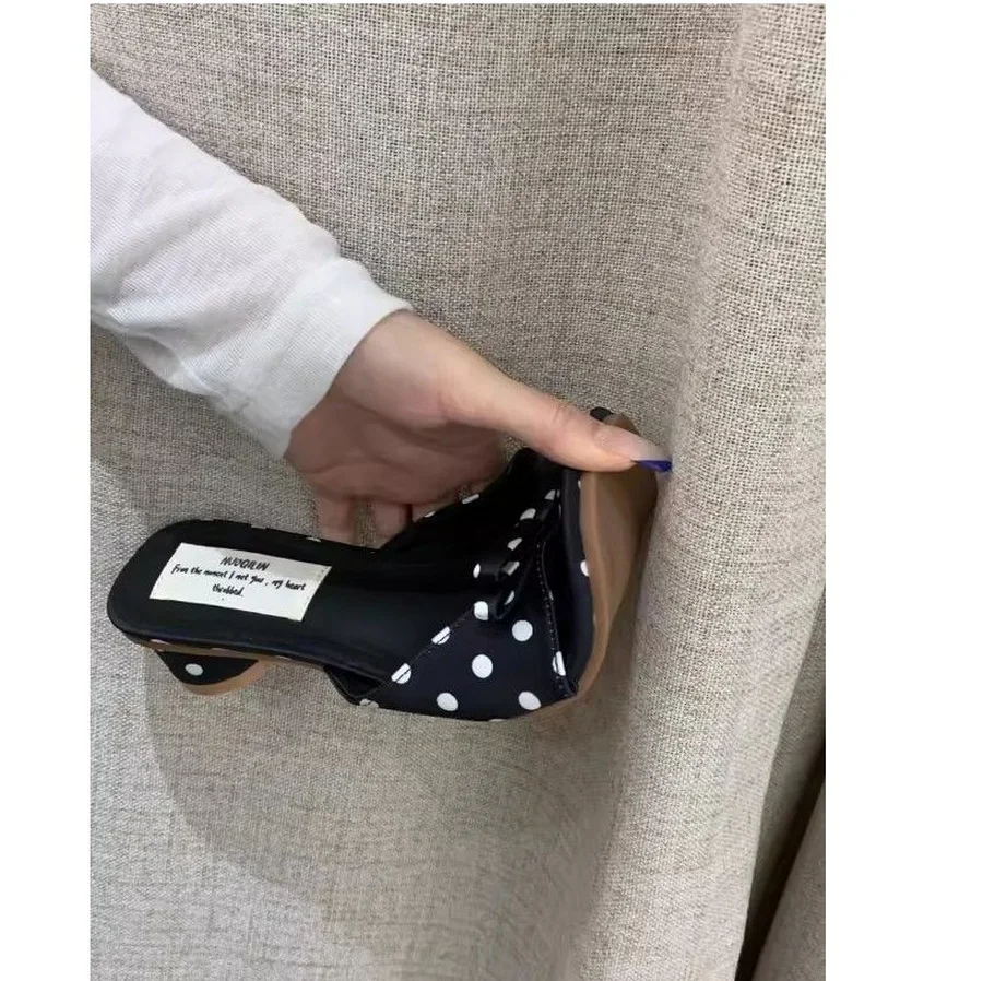 Romantic Polka Dot Bow Sandals For Women Block Heel Open Toe Party Shoes Woman Summer Square Toe Heels Slides Sandal Lady Mules