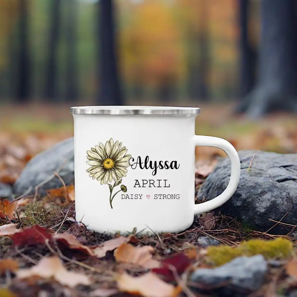 

Custom Name Enamel Cup Personalised Birth Month Flower Mugs Drink Coffee Juice Mug Handle Cups Mother Day Birthday Gift for Her