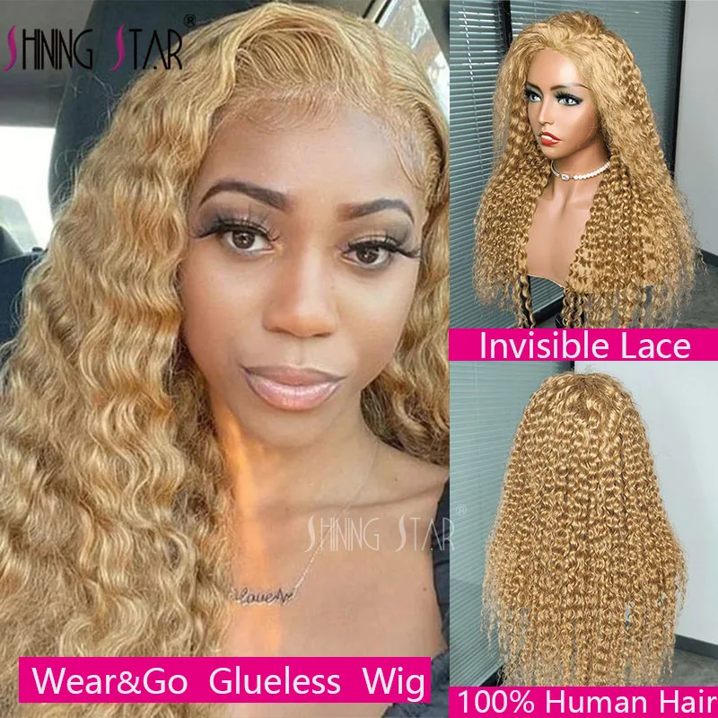 Honey Blonde Curly Lace Front Peruca de cabelo humano para mulheres, perucas frontais de renda transparente, onda profunda, cabelo remy pré-arrancado, 13x4, 13x4