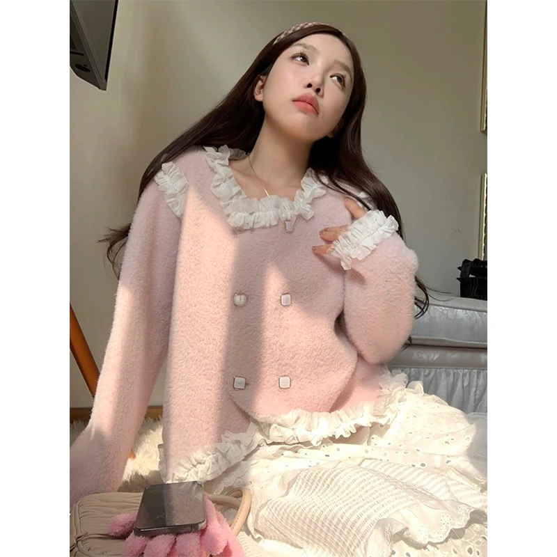 MEXZT Kawaii الوردي سترة مشغولة من الصوف المرأة غير النظامية الدانتيل المرقعة سترة ملابس خارجية الكورية طويلة الأكمام تريكو الشتاء لاعبا