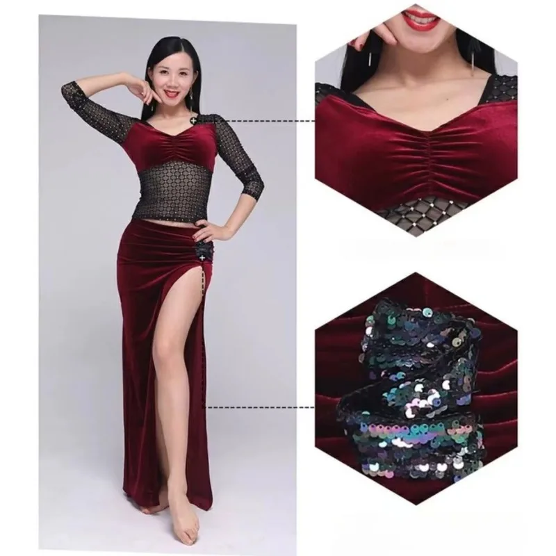 Customized Golden Velvet Belly Dance Costume Oriental Dance Practice Performance Dress Large Size