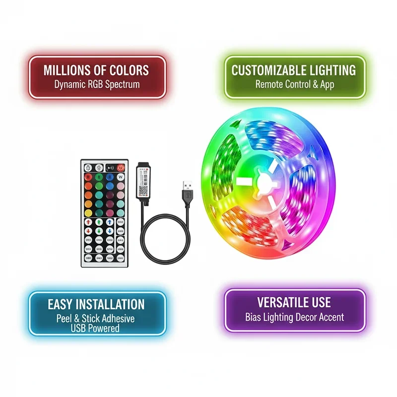18 شريط أضواء LED 5050 RGB USB شريط مصباح مرن متغير اللون مع التحكم في التطبيق لتزيين الغرفة إضاءة خلفية للتلفاز #2