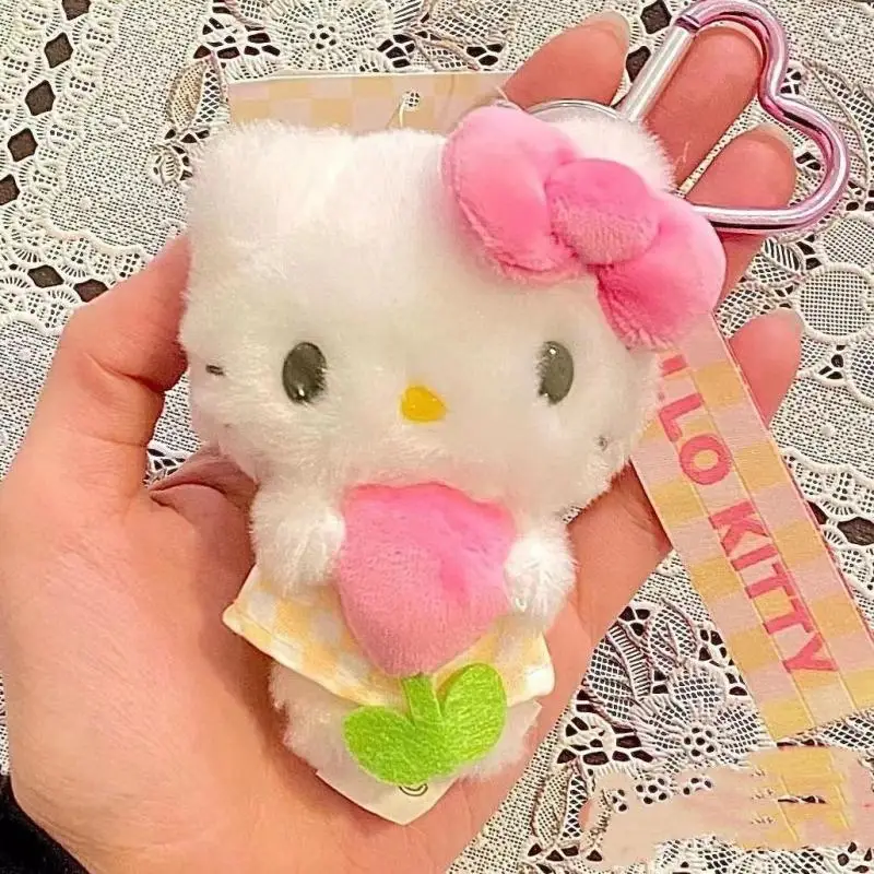 Kawaii Hello Kitty Tulips Plush Keychain Sanrio Cartoon Flower Plush Pendant Backpack Zipper Decoration Stuffed Toys Girl Gifts