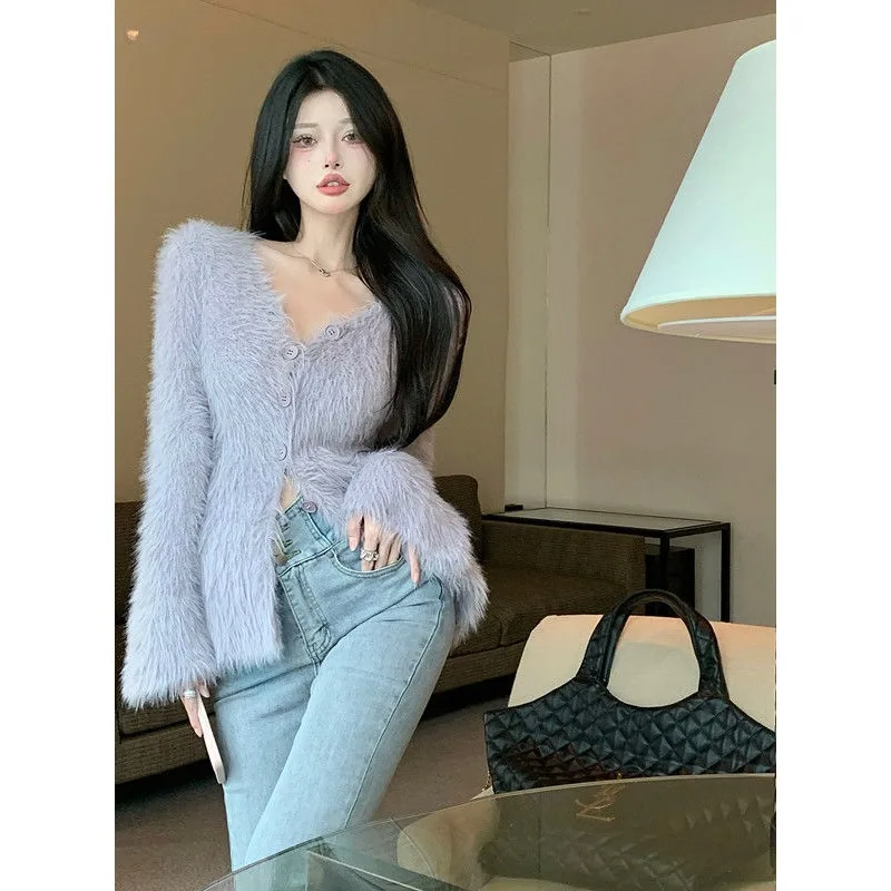 Purple V Neck Knitted Cardigan Temperament Bottoming Top Long-sleeved Sweater Single Breasted Rib Jumpers Solid Casaco Feminino