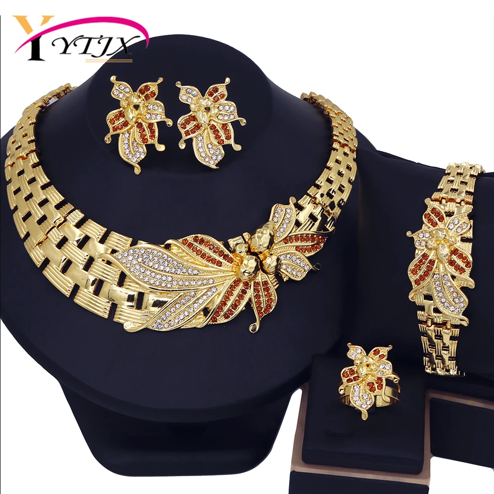 YTJX Wedding Jewelry Set Africal Big Flower Choker Necklace Fine Zircon Bracelet Piercing Earring Ring 18K Gold Plated Jewellery