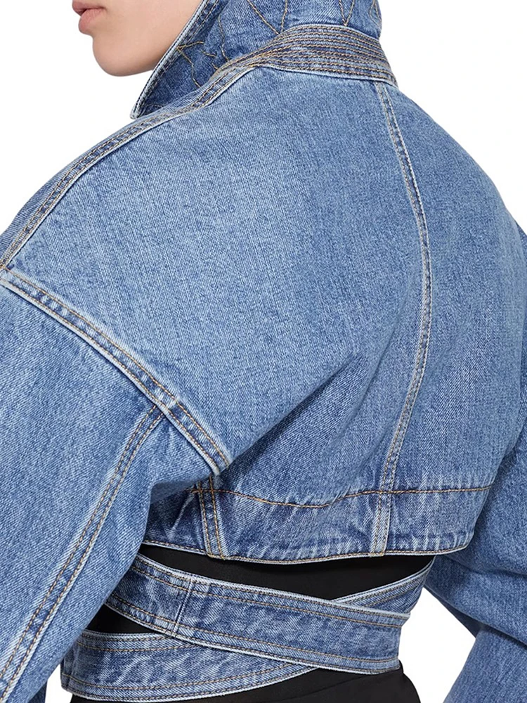 Two winstyle solide Streetwear Criss cross Denim Mantel für Frauen Revers Langarm aushöhlen Patchwork Gürtel Freizeit jacken weiblich
