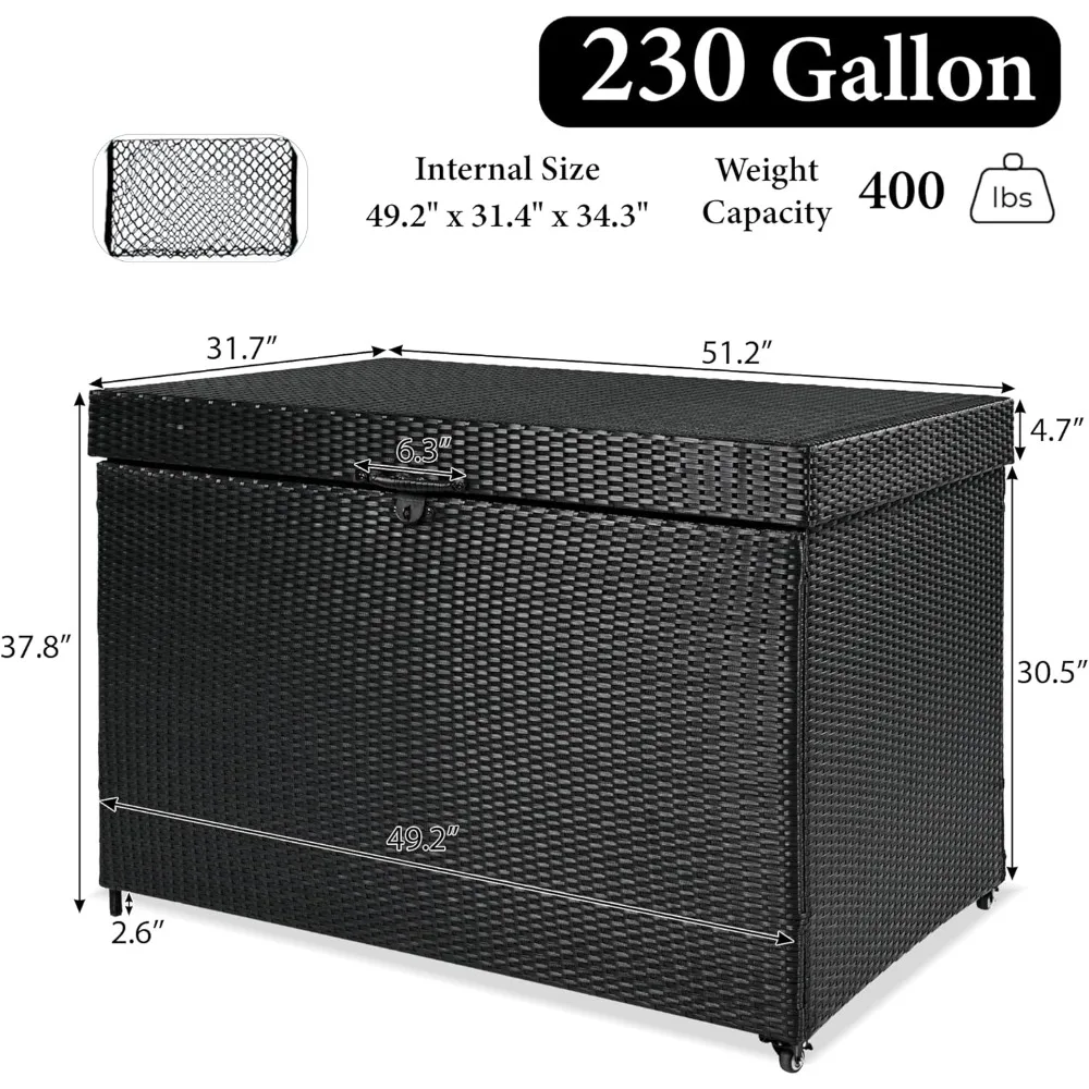 صندوق سطح من الخيزران للأماكن الخارجية سعة 230 جالونًا مع عجلات قابلة للقفل، صندوق تخزين من الروطان لأثاث الفناء، وسائد خارجية، مناسب لجميع الأحوال الجوية