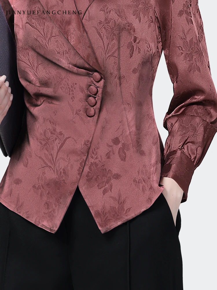 Vintage Jacquard Women Suit Collar Floral Shirt 2023 Autumn New Long Sleeve Elegant Slim Button-down Tops Fashion Office Blouses