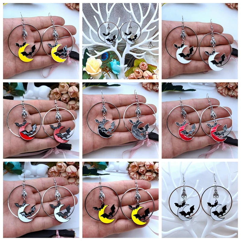 Halloween Drip Women's Red Black Multicolor Pendant Bat Earrings Bat Moon Pendant Earrings Party Accessories Fun Jewelry Gifts