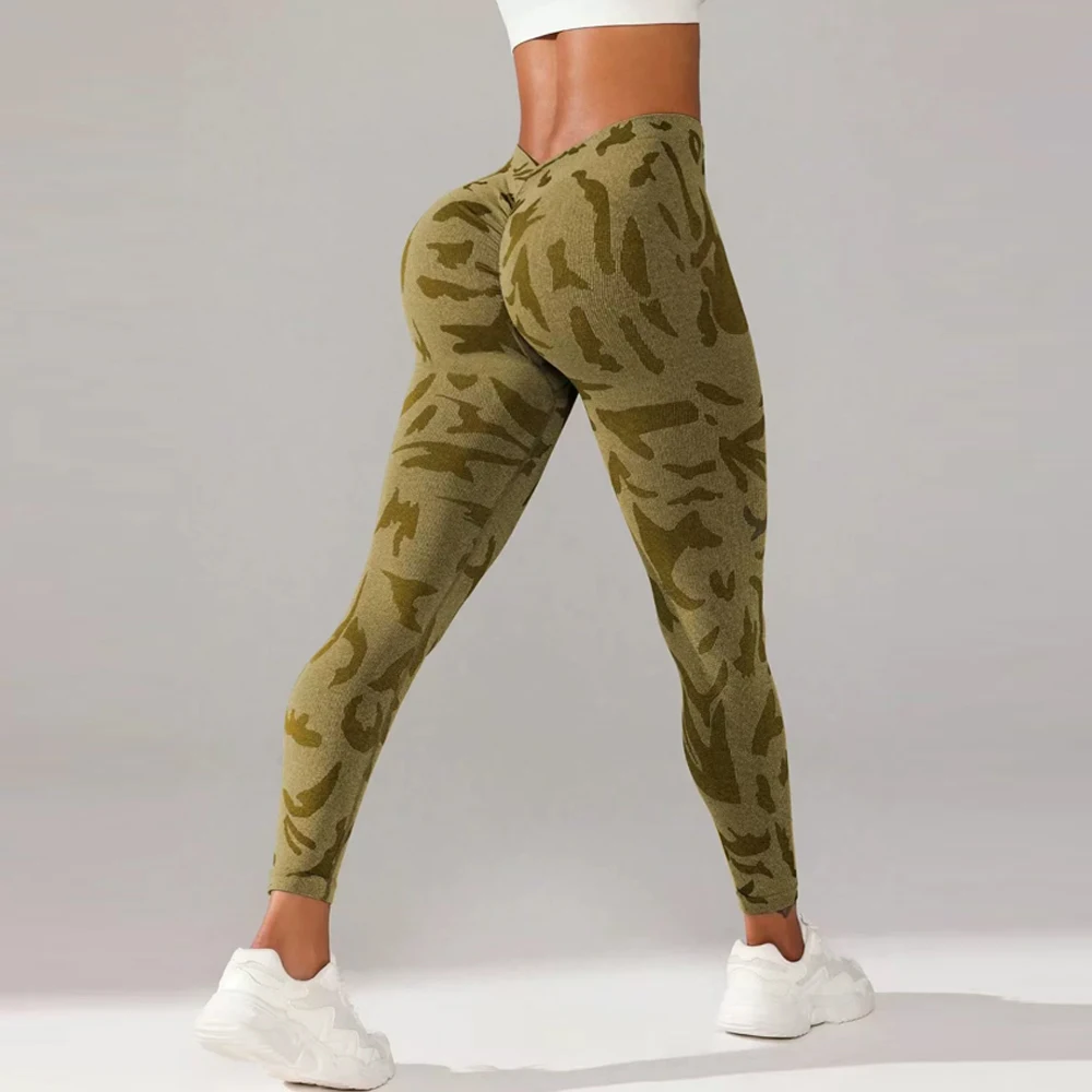 Women Camouflage V Back Gym Leggings Butt Lifting Fitness Athletic Workout Scrunch Leggins Exercise Yoga Pants Sports Tights