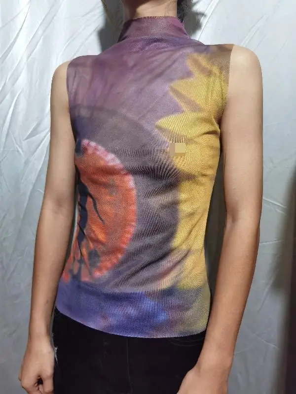Summer Sun People Print Elastic Mesh High Collar Sleeveless Vest Women T Shirt slim top t-shirt fairy y2k korean graphic vintage
