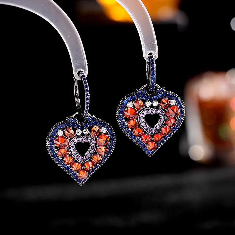 Earrings With Heart Shaped Retro Color Micro Inlaid Zircon Geometric Buckle For Women'S Fashion Heavy Industry Peach Heart Earri