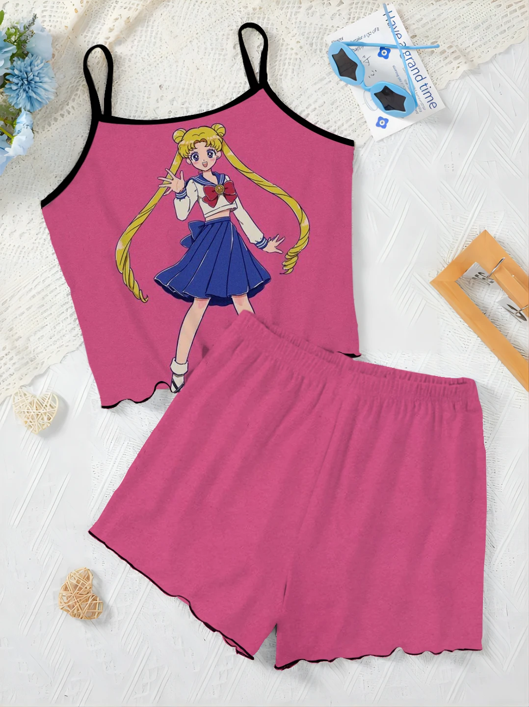 Fashionable, casual, comfortable, simple, 2-piece set, comfortable tops and shorts pajamas for women, Sailor Moon print, satin,