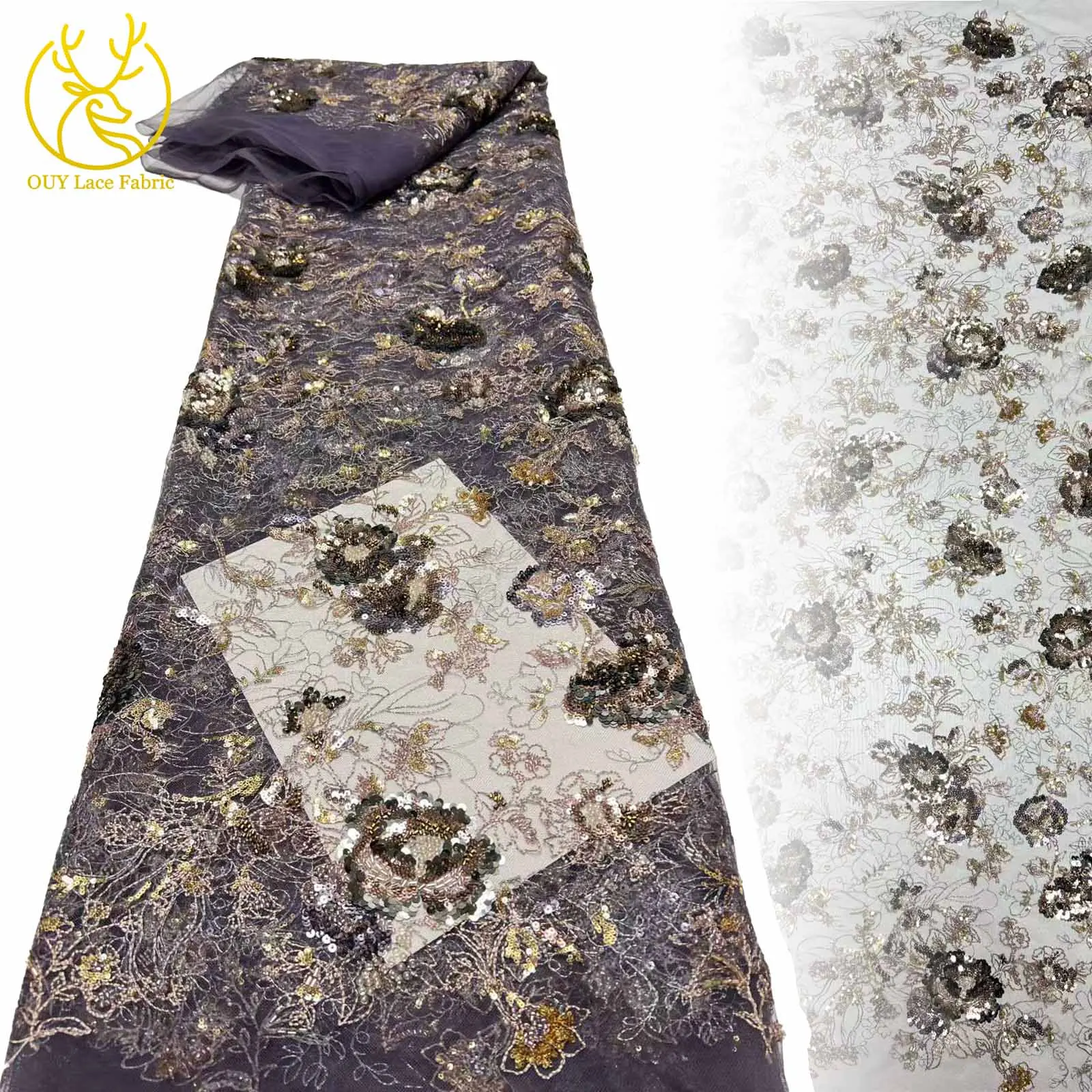 

African Sequins Groom Embroidered Flower Lace Fabric 2025 High Quality Nigerian French Tulle Lace Fabric For Wedding Dresses