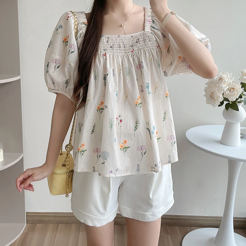 

Summer Fashion Maternity Clothes Set Sweet Square Collar Puff Sleeve Fashion Floral Top Belly Shorts Pregnant Woman Pants Suits