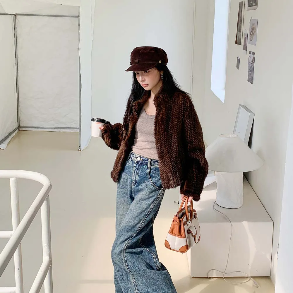 2025 신상 수입 벨벳 양면 꼬임 짧은 칼라 밍크 퍼 코트 여성용