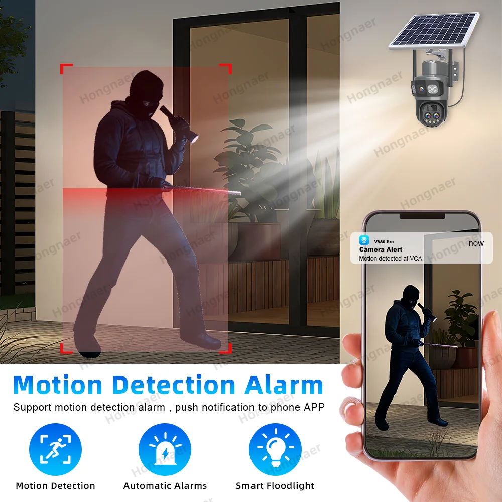 Hongnaer 12MP 6K Three Lens 10X Zoom Outdoor WiFi Solar Panel Powered Wireless CCTV Security PTZ V380 Pro WiFi Solar CCTV Camera