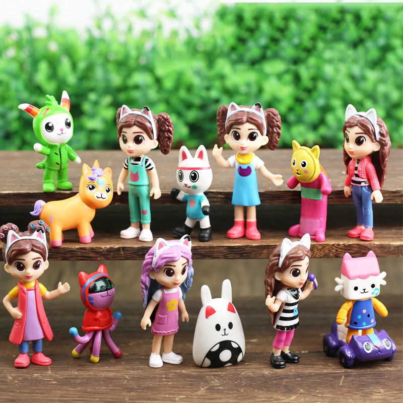 14 pezzi set PVC Gabby Dollhouse Figure Toy Mercat Cartoon Animals Smiling Car Cat Hug Gaby Girl Dolls regali di compleanno per bambini