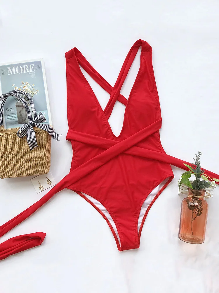 Sexy Solid Red One Piece Swimsuit Women Push Up Lace Up Bandage Bodysuit Brazilian Deep V Neck Backless Bathing Suit Swimwear