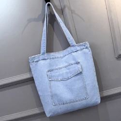 Fashion Women Large Capacity Shoulder Bags Wild Casual Handbag Street Canvas Denim Shoulder Bag Solid Color Zipper Shopping Bag