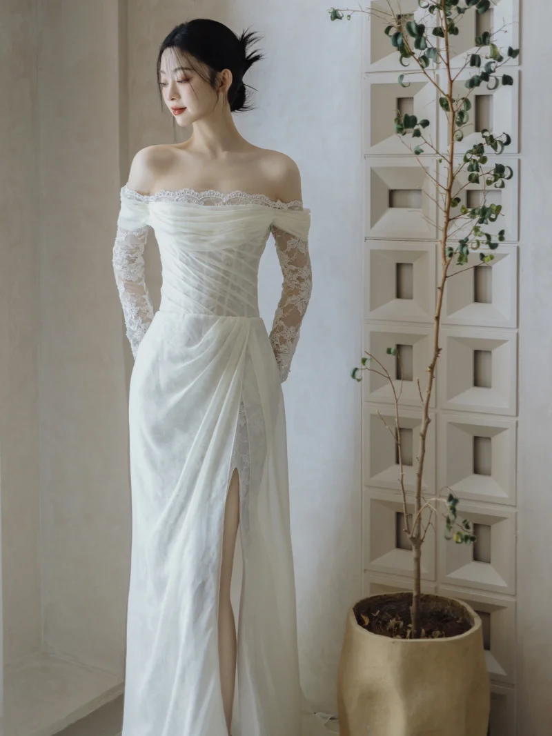 

Simple Korean Sle Wedding Dr Lace One oulder Bridesmaid Dr Slimming Train Bridal Gown for Hotel Indoor Ceremony