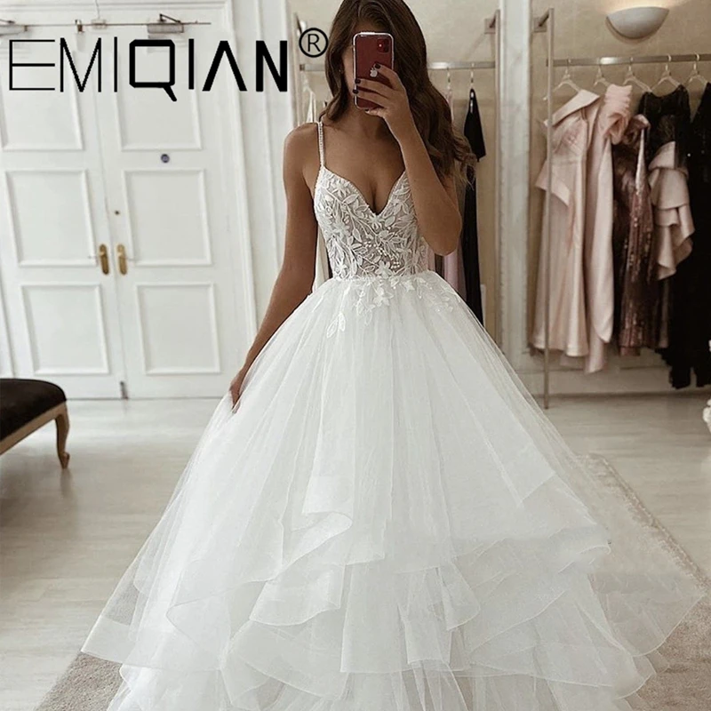 

Spaghetti Strap Wedding Dress Modern A-line Sweetheart Lace Applqiue Bridal Gown Elegant Long Tulle Bride Dresses