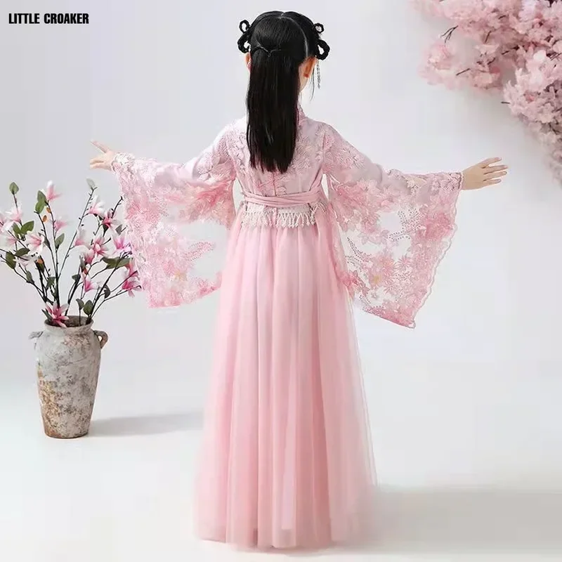 Vestido de baile folclórico tradicional chino para niñas, disfraz de baile rosa, conjunto de vestidos de princesa Hanfu para niñas, ropa de cosplay de fiesta para niños