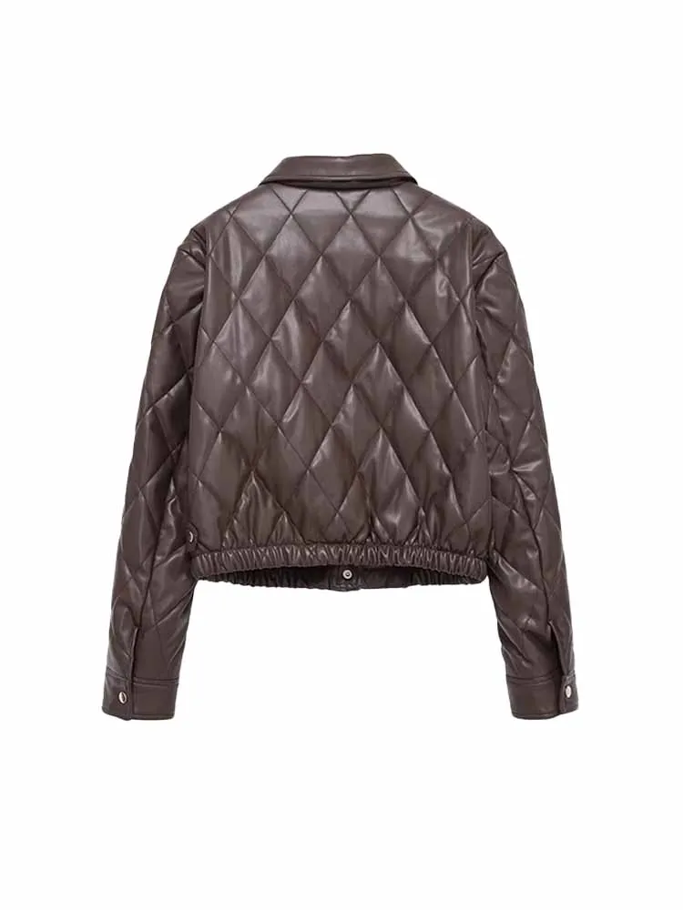 HH Vrouw Vroege lente mode Comfortabele lange mouwen Revers Quilten Kunstmatige Pu-leren jas Vrouwelijke casual veelzijdige jas