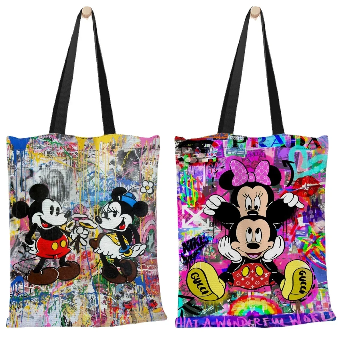 Disney Mickey Minnie Women\'s Shoulder Bag Fashion Cartoon Cute Printed Canvas Tote Bag Shopping Travel Large Capacity Storage