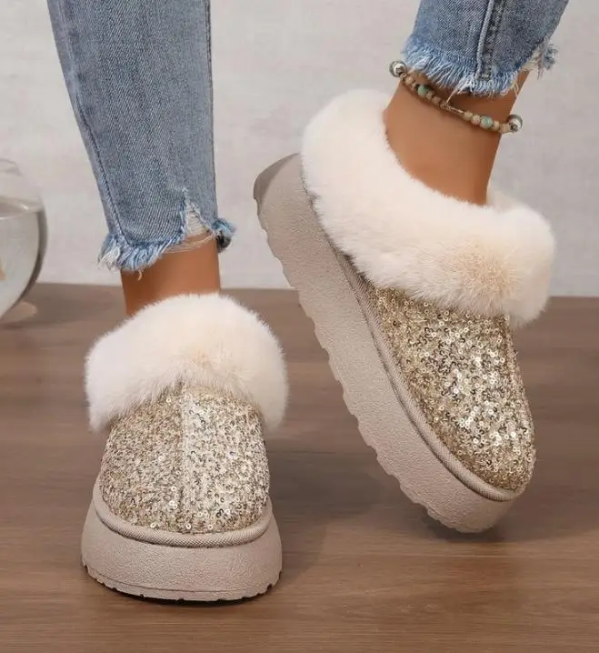 

Faux Fur Winter Boots Women 2024 Fashion Sequined Cloth Warm Snow Boots Woman Non-Slip Thicken Plush Ankle Booties Plus Size 44