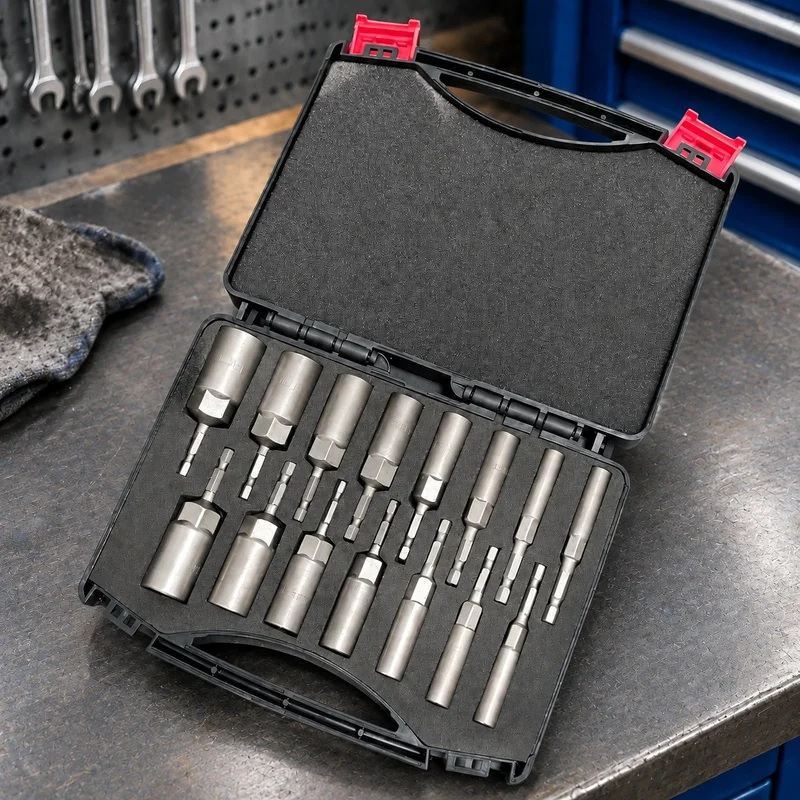15pcs Power Drill Nut Driver Set, 5.5-19mm Deep Impact Sockets with 6.35mm Hex Quick-Change Adapter, 80mm Length