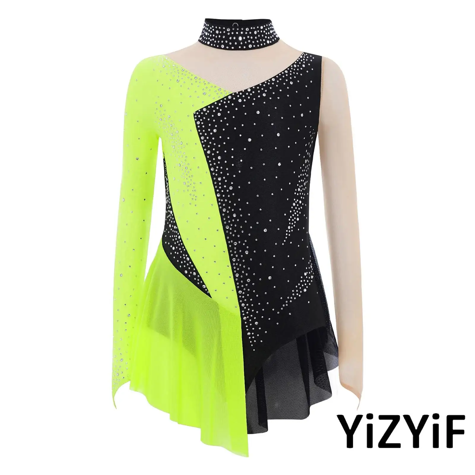 

Girls Figure Skating Dance Dress Rhythmic Gymnastics Leotard Sparkly Rhinestone Sheer Mesh Patchwork Long Sleeve Ballet Bodysuit