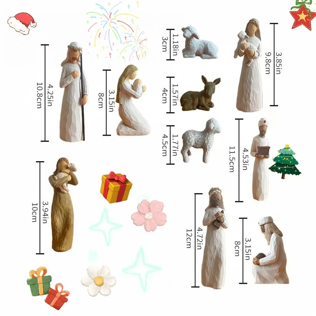 مجموعة تماثيل راتينج لمشهد المهد مجهول الهوية مكونة من 10 قطع، ديكور عيد الميلاد لولادة يسوع، ماري جوزيف الراعي الرجال الحكيم مع الأغنام، مينيما