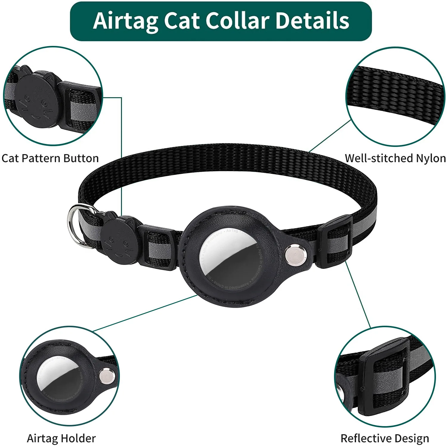 New Airtag Cat Collar Breakaway Reflective Strips Adjustable Kitten Collar with Air Tag Holder and Bell for Girl Boy Cats