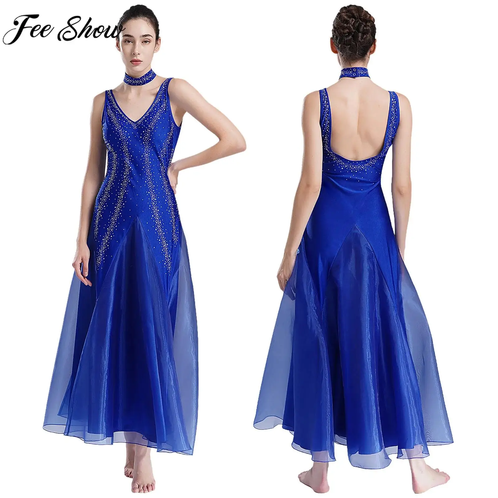 Women Modern Lyrical Dance Ballroom Waltz Performance Clothes Sleeveless Backless Shiny Rhinestones Mesh Maxi Dress with Choker