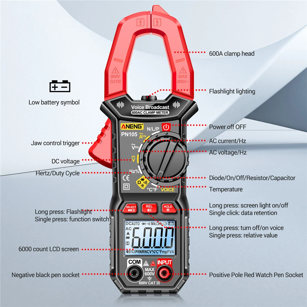 DC Digital Multimer PN105 DC Clamp Meter AC/DC Current Amp Meter 6000 Counts Current Volt Temp Capacitance Resistance Diodes