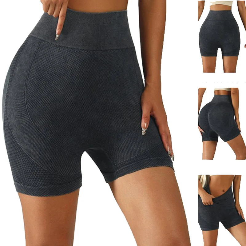 Washed Vintage Seamless Women Yoga Shorts High Waist Peach Hip Lifting Tummy Control Mesh Breathable Fitness Daily Sports Shorts