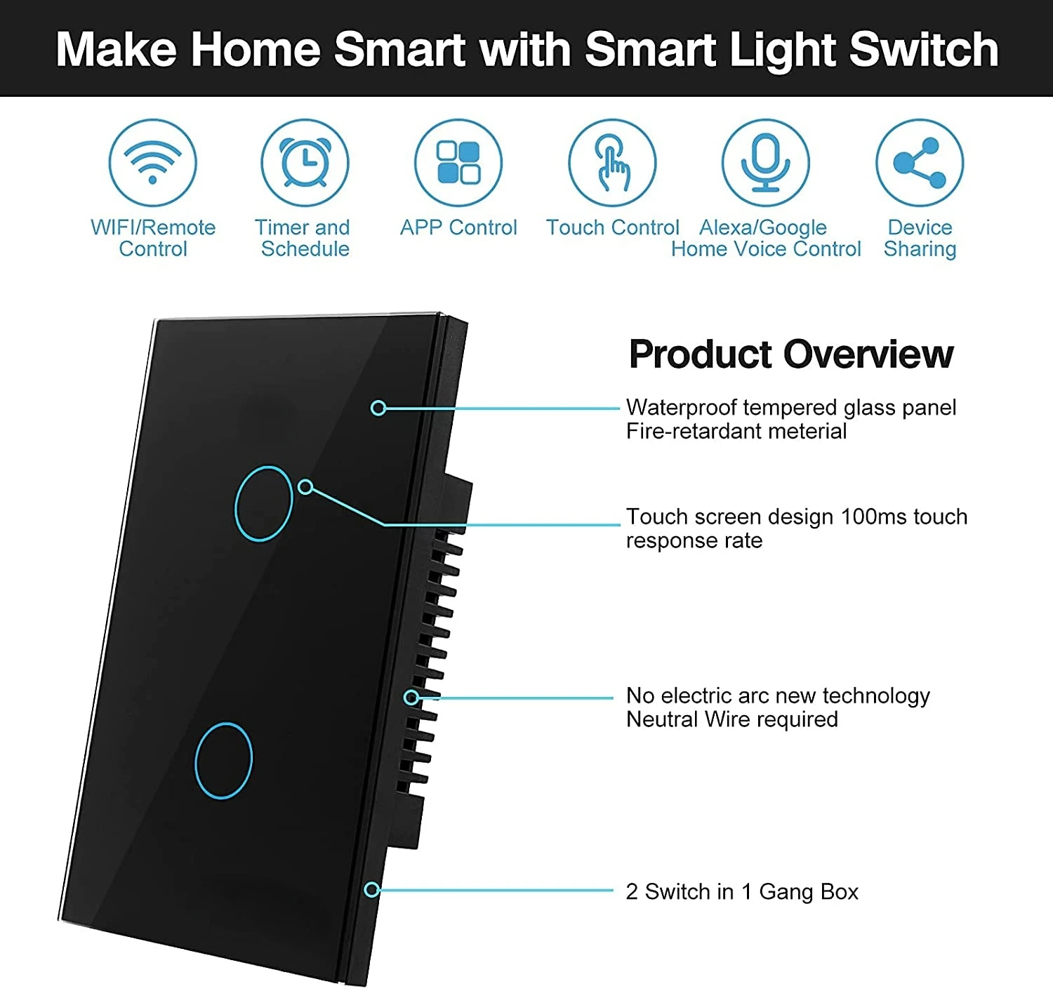 HAOQIYI Smart light switch Wifi smart switch switch for light alexa voice command system set smart switch wifi controlled Smart