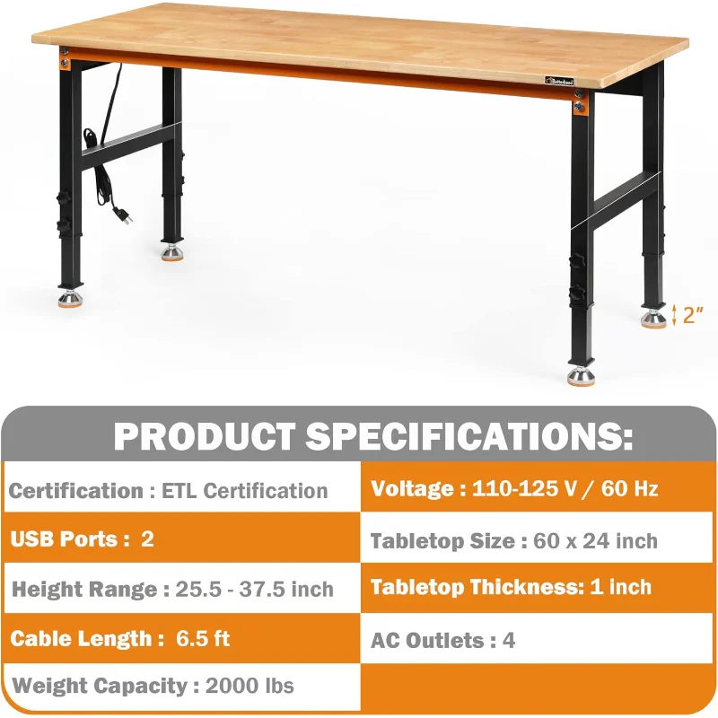 Adjustable Height Workbench, 60" Rubber Wood Top Heavy Duty Workstation with Power Outlets, 2000 LBS Load Capacity Hardwood